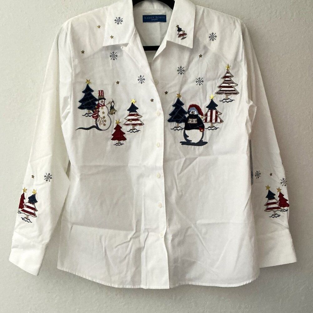 VTG 90s Karen Scott Embroidered Christmas Button Down Shirt Small NWT